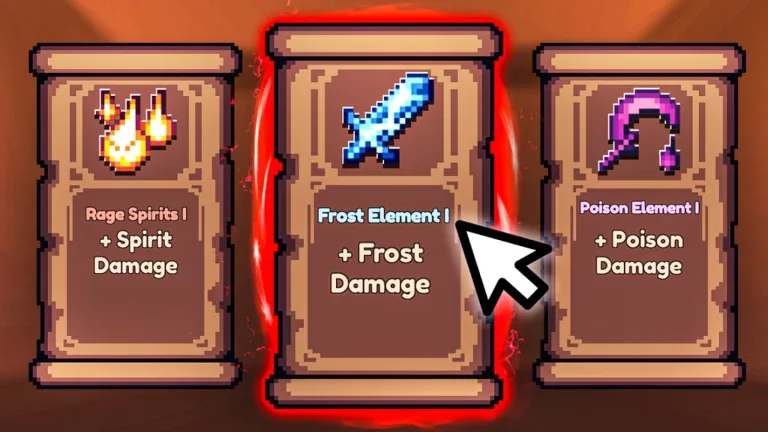 Pixel Blade roguelite upgrade choice screen with three element cards